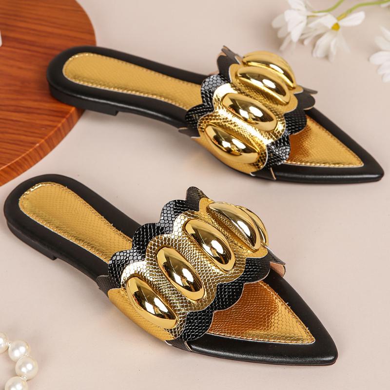 Fashion Fashion Patchwork Pointed Toe Flat Sandals Women Open Toe Metal Decoration Designer Shoes Comfort Non-slip Large Size Beach Shoe