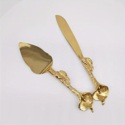 2PCS Golden Horseshoe Lotus Design Wedding Cake Knife Set, European Birthday Festival Cake Pizza Cutting Knife Shovel Set, With Exquisite Handle