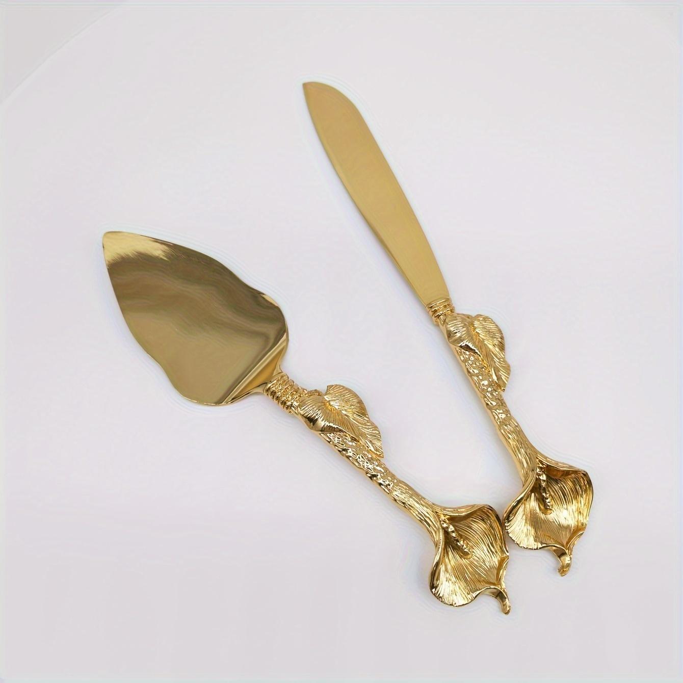 

Набор из 2 свадебных ножей для торта с дизайном лотоса «Золотая подкова», Европейский фестивальный нож для нарезки торта, пиццы, лопатка, с изысканной ручкой золотистый