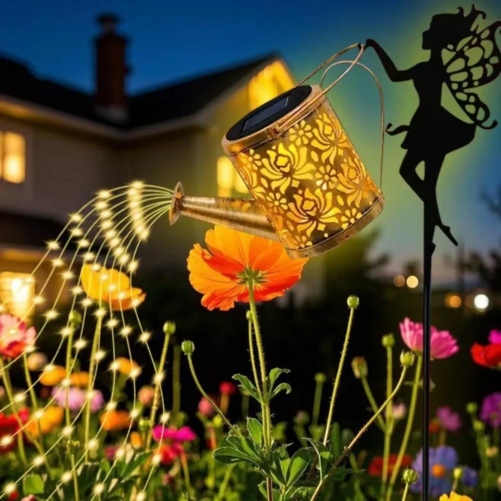 Solar-Powered Iron Art Flower Fairy Lawn Lamp Outdoor Waterproof Garden Kettle Hollow Rojection Light for Decorative Outdoor Use