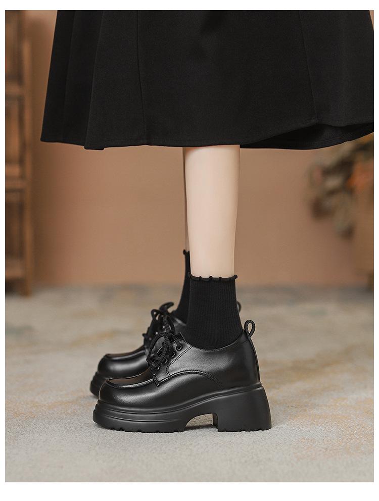 Women's Genuine Leather Thick-Soled Lace-Up Loafers, High-Heeled, British Style, Autumn/Winter 2024.