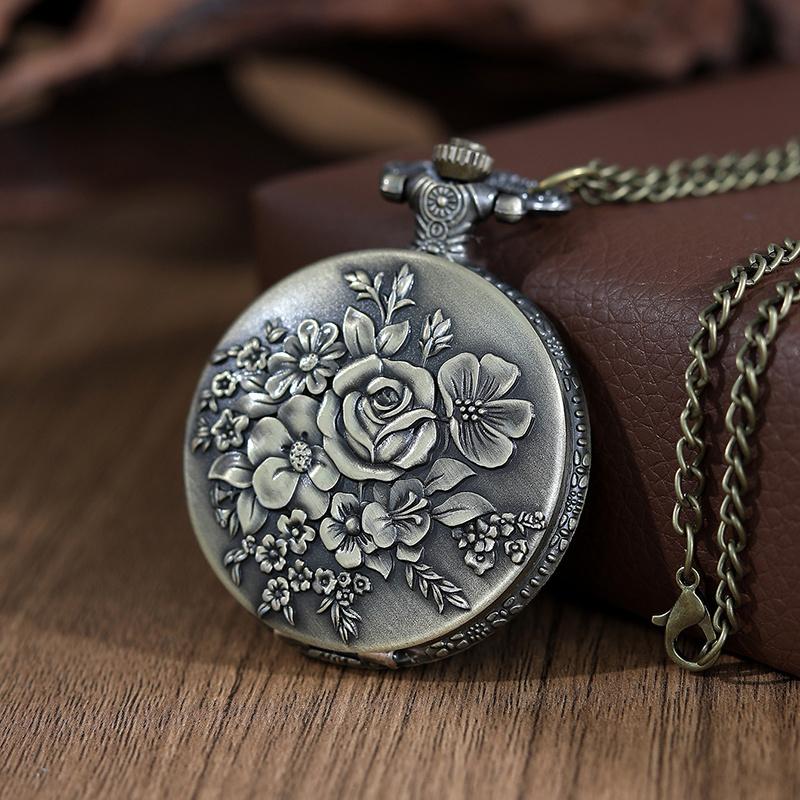 2pcs/set,1PC Fashion Men's ‘rose Pattern Design’quartz Pocket Watch & 1PC Mens Classic Golden Cross Necklace Pendant, Ideal Choice for Gifts