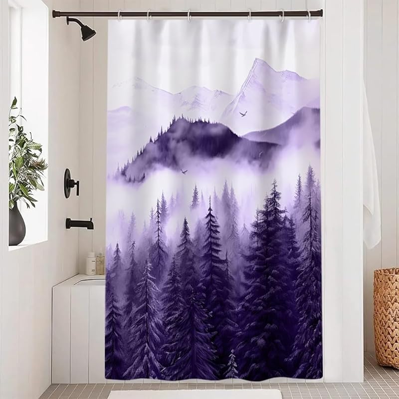 Mountain Shower Curtain, Navy Blue Misty Forest Shower Curtain Set Waterproof Nature Scenery Bathroom Decor with Hooks, 72x72 Inch