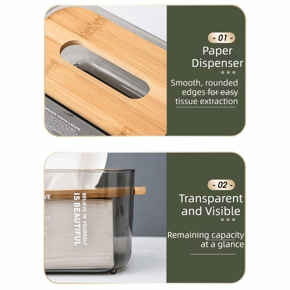 Bamboo Lid Transparent Tissue Box Waterproof Adjustable Desktop Tissue Dispenser Decorative Space-saving Napkin Storage Case