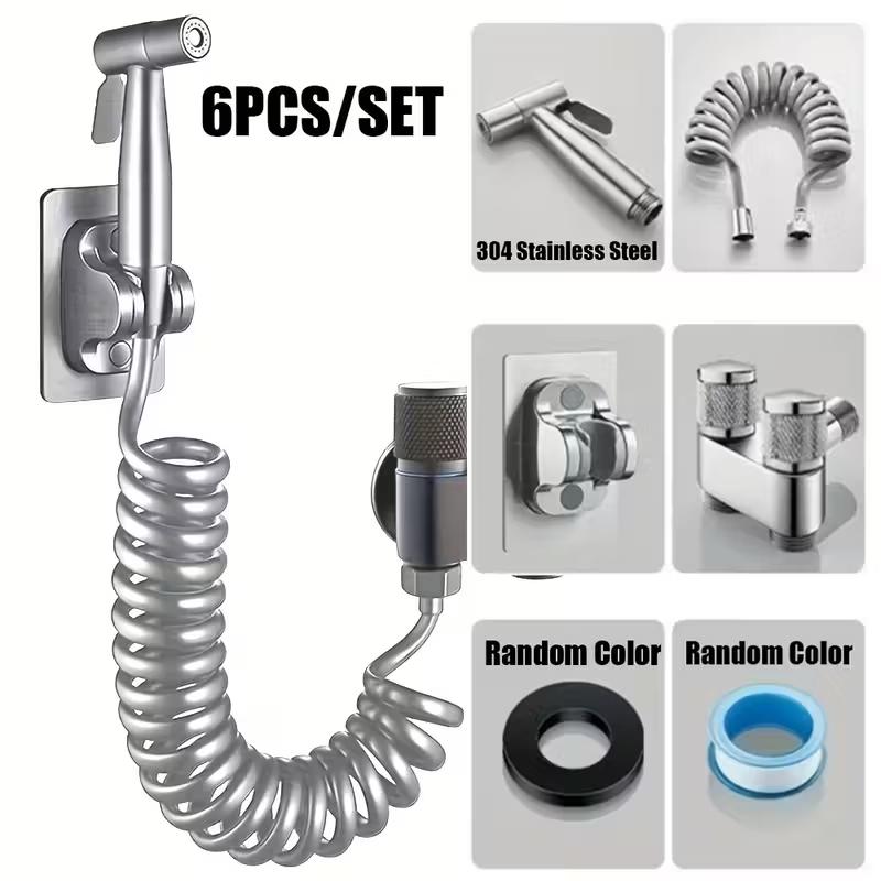 6pcs High-Pressure Toilet Spray Gun Set - 304 Stainless Steel Wall-Mounted Toilet Spray Gun, Suitable for Toilets, Sinks,