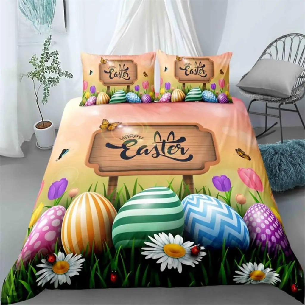 Soft Easter Eggs Print Duvet Cover Happy Easter Cartoon Rabbit Toddler Bedding Sets Twin King Queen Size Microfiber Quilt Cover