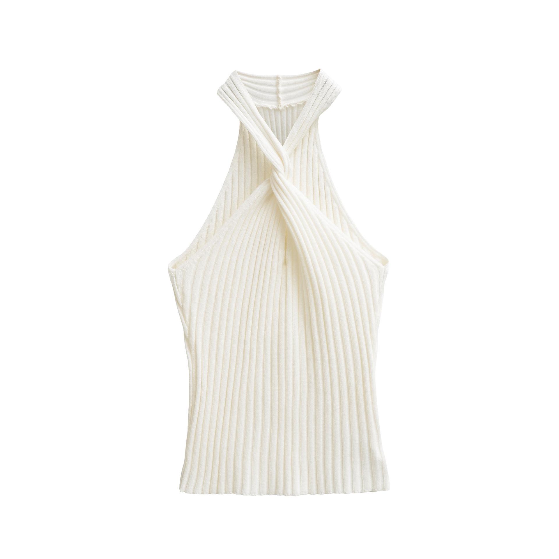 

White Twisted Halter Knit Tank Top - Slim Summer Sleeveless Outerwear for Women Medium білий