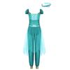 S-XXL Womens Arab Princess Cosplay Belly Dance Jumpsuit with Headwear and Detachable Sleeves Gem Decor Tulle Overlay Rompers Halloween Costume
