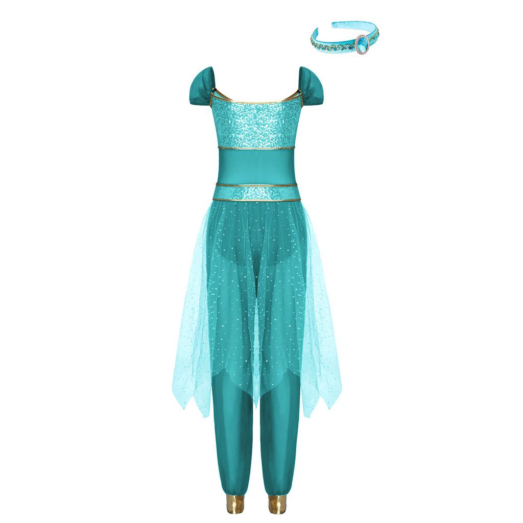 S-XXL Womens Arab Princess Cosplay Belly Dance Jumpsuit with Headwear and Detachable Sleeves Gem Decor Tulle Overlay Rompers Halloween Costume