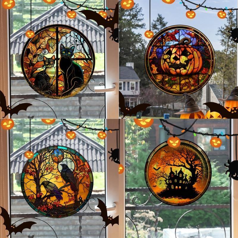 Halloween Home Party Decoration Stained Horror Castle Cat Static PVC Window Glass Stickers Glue Free Decorative