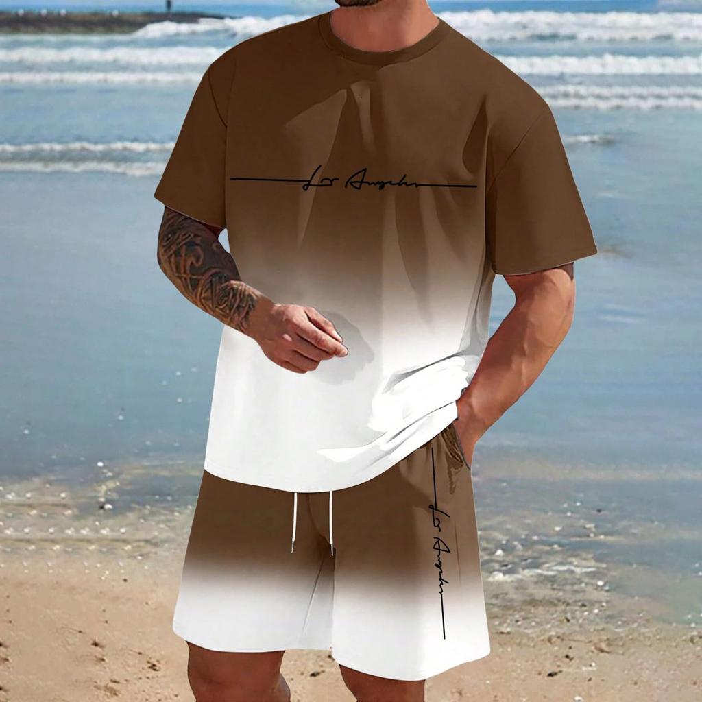 Men'S Solid Color Casual Round Neck Short Sleeved Shorts Two-Piece Set