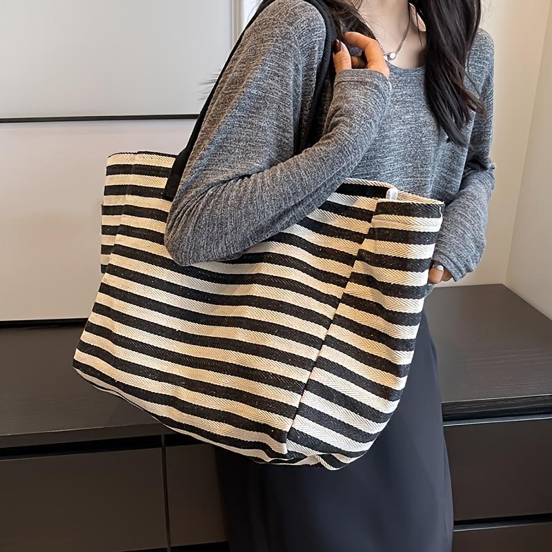 Large Canvas Tote Bag for Women Casual Striped Shoulder Bag with Fixed Straps,Durable Bookbag & Wallet In Black and White Stripes, Large Tote Bag