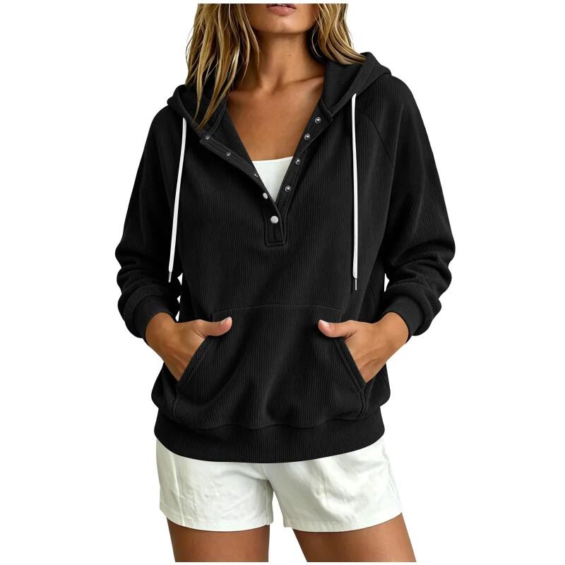 Damen Halbknopf Kapuzenpullover Kordelzug Langarm Kängurutasche Locker Lässig Pullover Einfarbige Tägliche Streetwear Sweatshirt