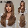 HAIRCUBE Long Brown Blue Highlight Wavy Synthetic Wig Natural Hair Wig for Women Daily Heat Resistant Fake Hair With Bangs