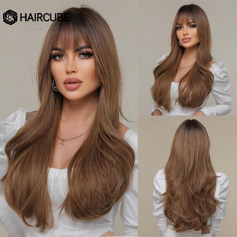 HAIRCUBE Long Brown Blue Highlight Wavy Synthetic Wig Natural Hair Wig for Women Daily Heat Resistant Fake Hair With Bangs