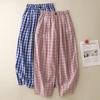 2025 Summer Plus Size Long Pants Women Elastic Casual Plaid Harem Pants High Waist Loose Basic Trousers Wide Leg Pants