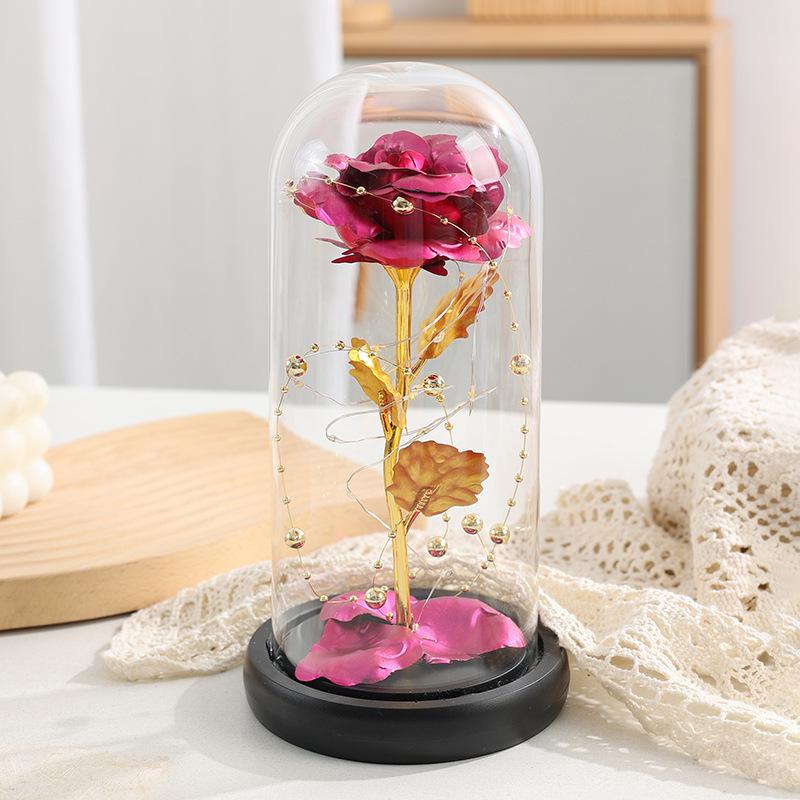 Ornamento de Luz Cúpula de Vidro Flor Rosa Folha de Ouro Feito à Mão - Caixa de Presente Dia dos Namorados