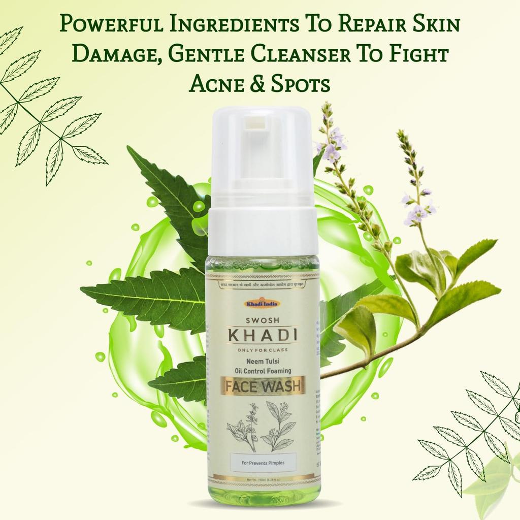 Cleanser with Neem and Tulsi (150 Ml), Khadi Neem Tulsi Oil Control Foaming Face Wash, Swosh