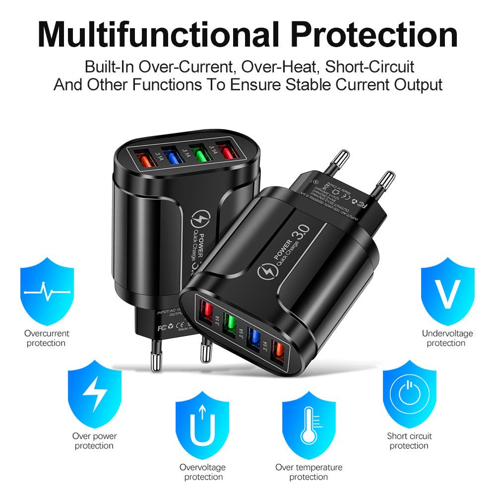 4-Port USB Mobile Charger 3A with LED Light - EU/US/UK Plug