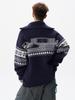 Pull Cardigan Homme Jacquard Fair Isle Fermeture Éclair Demi-Zip Col Montant Noël