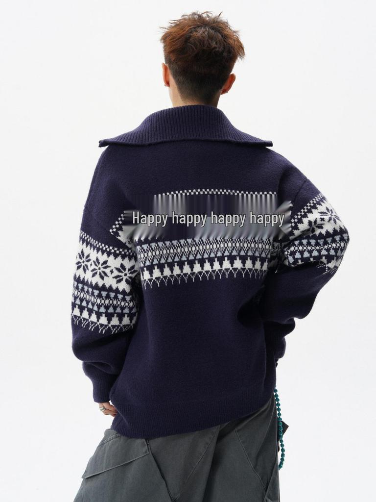 Pull Cardigan Homme Jacquard Fair Isle Fermeture Éclair Demi-Zip Col Montant Noël