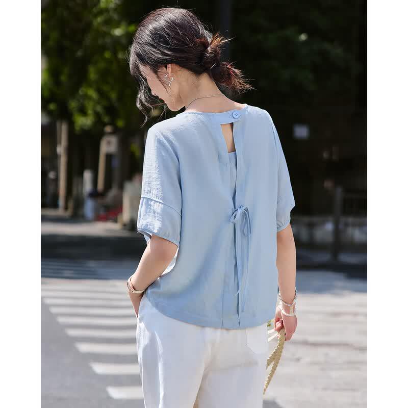 TERRE BLEUE Women's Loose Fit Short Sleeve Casual Shirt