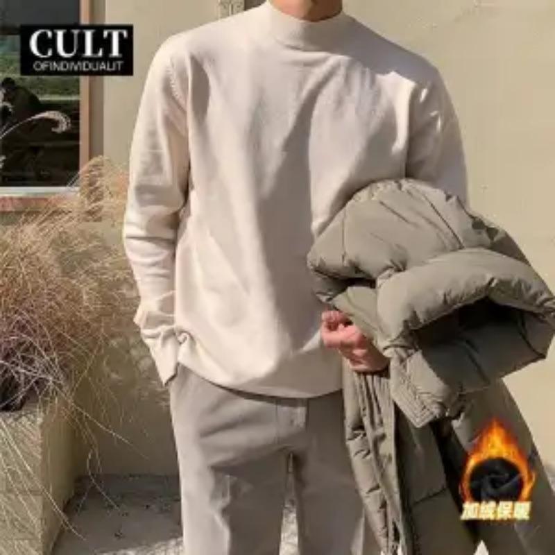 Half-turtleneck Sweater Men In Autumn Winter Plus Velvet Warmth Mid-collar Knitted Bottoming T-shirt