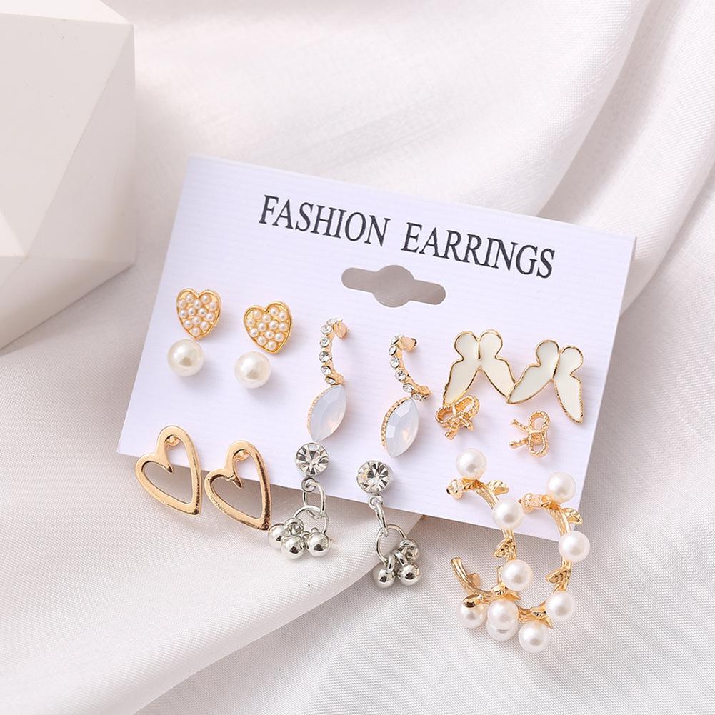 9 Pairs Women Earrings Butterfly Heart Geometric Ear Stud Creative Retro Crystal Pearl Earrings For Gift