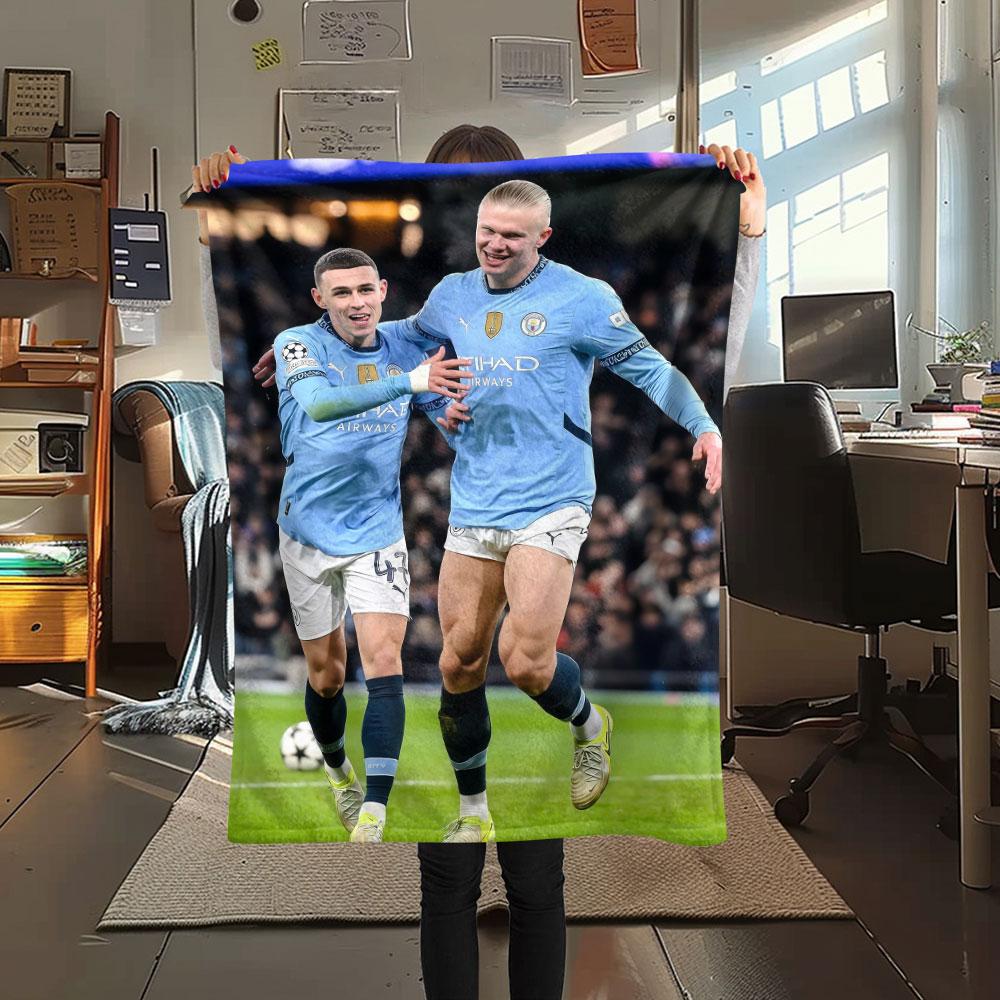 Erling Haaland & Phil Foden Printed Flannel Blanket, soft throw for bedroom sofa, washable, fan merchandise, great gift.