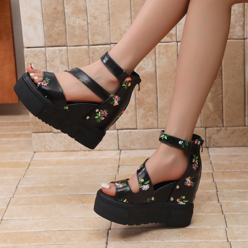 Fashion Rose Print Wedge Heel Ankle Strap Sandals Women 2025 Summer Rear Zip Chunky Platform Sandals Fashion Super High Heel Shoes