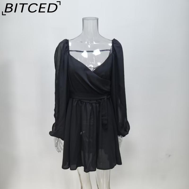 BITCED Spring Women's Solid-Color Elegant Casual Long-Sleeve Tie-Back Slim-Fit Short Dress