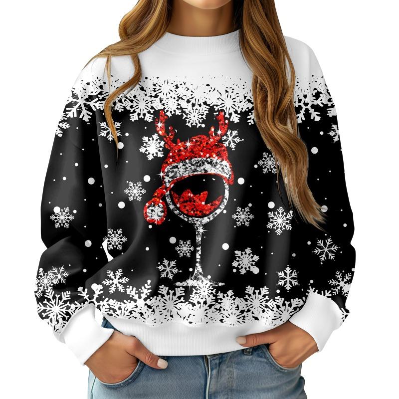 Christmas Round Neck Long Sleeved Pullover Comfortable Warm Loose 3D Printed Cute Santa Claus Snowflake Pullover