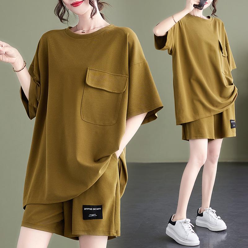 Women's Fashionable European Style Short-Sleeved Two-Piece Suits with Pockets, Plus-Size, Slimming Shorts, Casual Design.