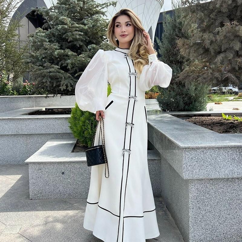Ladies' Contrasting Round Neck Bow Decoration Long Dress with Slim Fit Temperament Spring and Summer New Women's Elegantlong Sleeved Dresses
