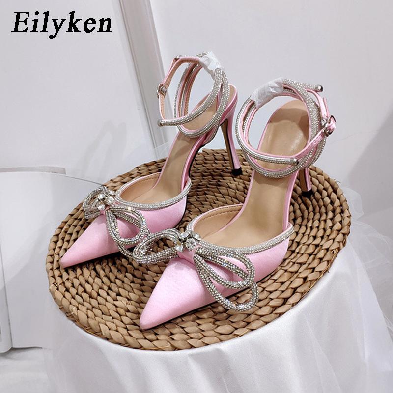 Fashion Eilyken Style Glitter Rhinestones Silk Transparent Pumps Women Crystal Bowknot Satin High Heels Party Prom Stripper Shoes
