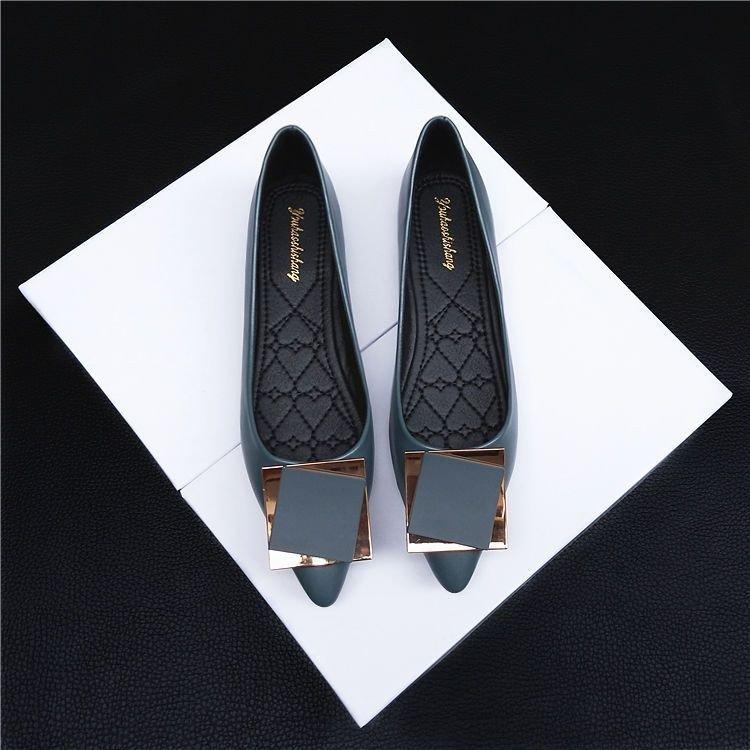 Spring and summer high heels women's medium heel single shoes soft leather pointed metal buckle fashion work girls shoes
