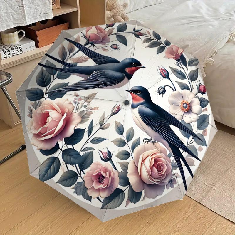 1pc birds flowers Automatic Open/Close Umbrella with Windproof, 8-Rib Sturdy Canopy, Durable Ribs, Fashionable Design1193A