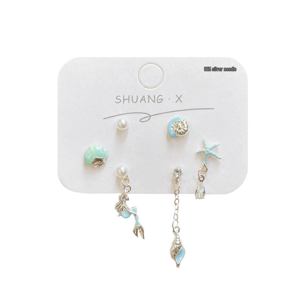 Ocean Fresh Mermaid Princess Silver Stud Earring Set for Women - Conch & Starfish Designs, Exquisite Summer Niche Jewelry