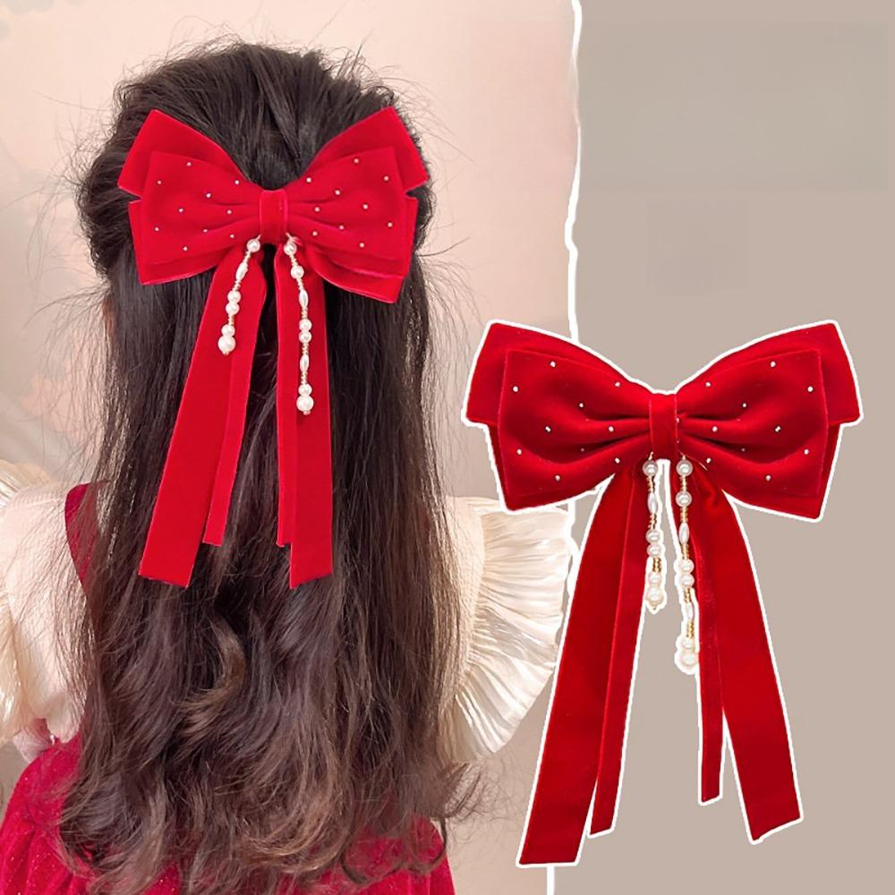 Headwear Red Bow Hair Clips Jewelry Tassels Pearl Barrettes Ribbon Hairpin  Hair Styling Accessory