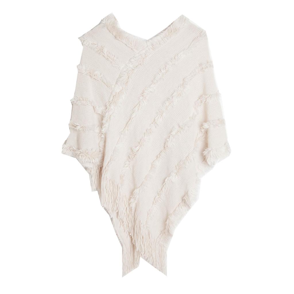 Spring Autumn Winter V-neck Solid Color Knitted Plush Shawl - European & American Style
