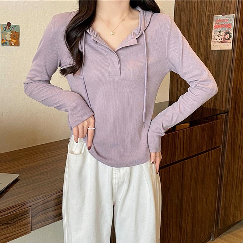 Tight T-shirt for Women Long-sleeved Fall and Winter New Hooded Shoulder Waist Slimming Base Shirt