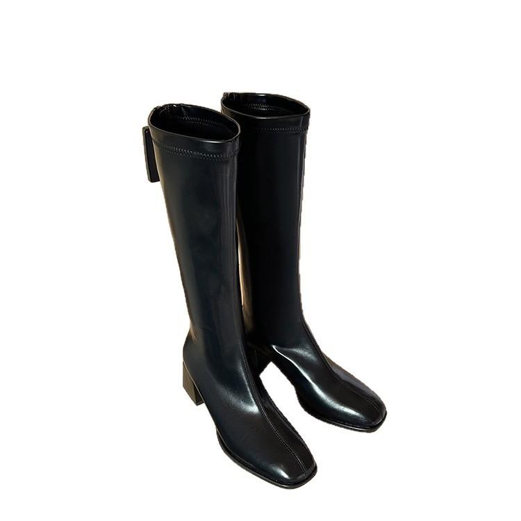Korean Version of the Big Heroine Square Head Thick Heel Side Zipper Knight Boots 2025 Autumn New Korean Version Temperament Elastic Thin Boots