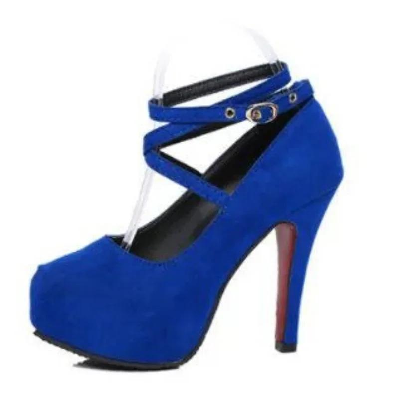 

Женская обувь 2024 года, высококачественные женские туфли-лодочки с пряжкой из одного слова, осенние туфли с острым носком, однотонные туфли на высоком каблуке из флока, сексуальное платье на высоком каблуке 36 синий