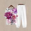 2025 foreign trade cross-border new women's clothing, casual round neck five-quarter sleeve top, digital printing women's two-piece set