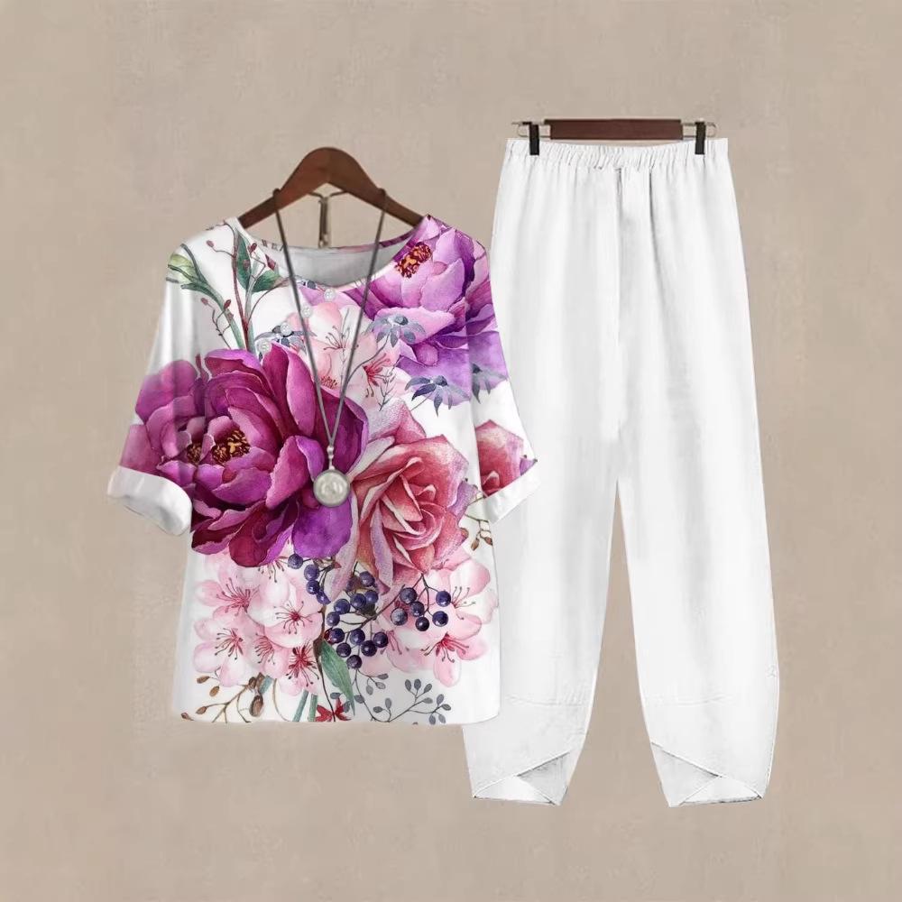 2025 foreign trade cross-border new women's clothing, casual round neck five-quarter sleeve top, digital printing women's two-piece set