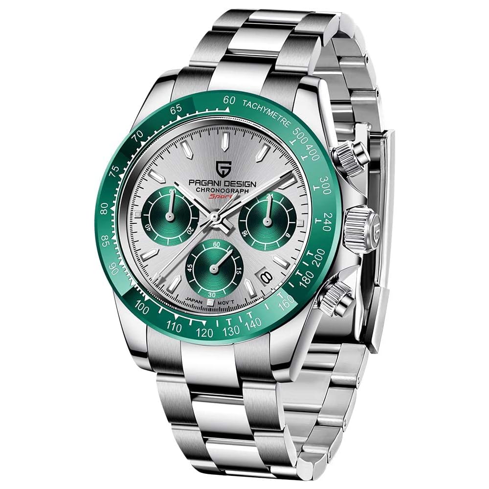 Pagani Design Men s Watch Seiko Quartz Movement Chronograph Waterproof Ceramic Bezel Stainless Steel Strap Green