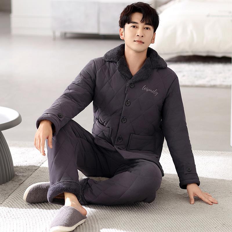 Pajamas Men'S Winter And Winter Warm Fleece Thickened Three-Layer Padded Jacket Can Be Worn Outside Men'S Coral Fleece Loungewear