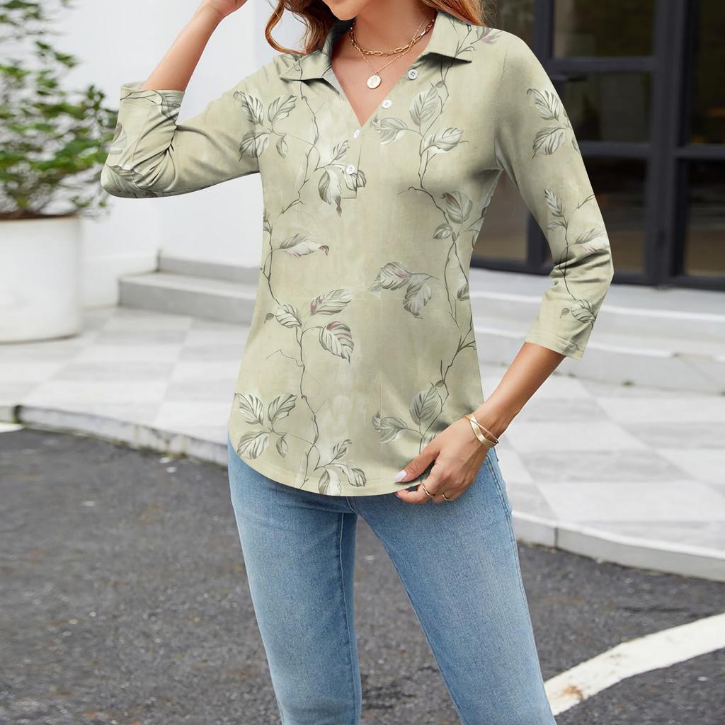 Women's Fashion Casual Button 3/4 Sleeve Floral Print Lapel Shirt Top
