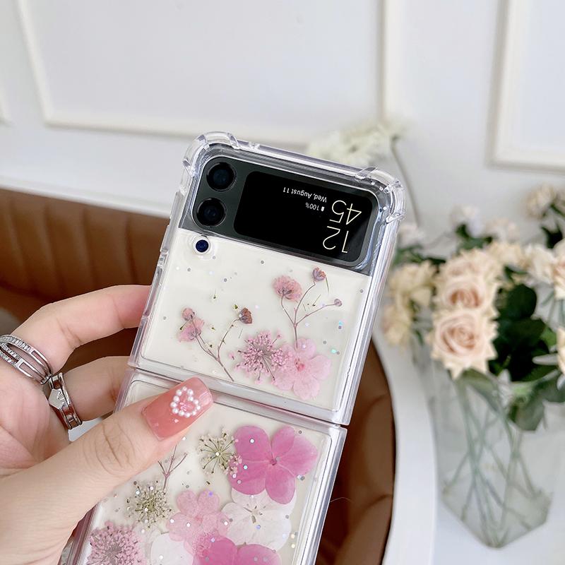 Real Dried Flower Sequins Glitter Phone Case For Samsung Z Flip 3 4 5 6 Case For Galaxy Fold 4 5 6 Soft Shockproof Cover