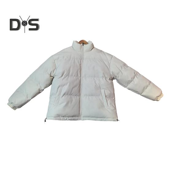Women Men Cotton Coat Stand Collar Long Sleeve Drawstring Hem Puffer Jacket with Pockets Loose Fit Warm Winter Outerwear
